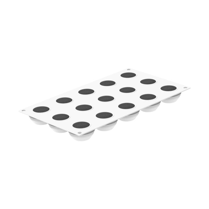 Silicone mold with 15 circular cavities on a white background.