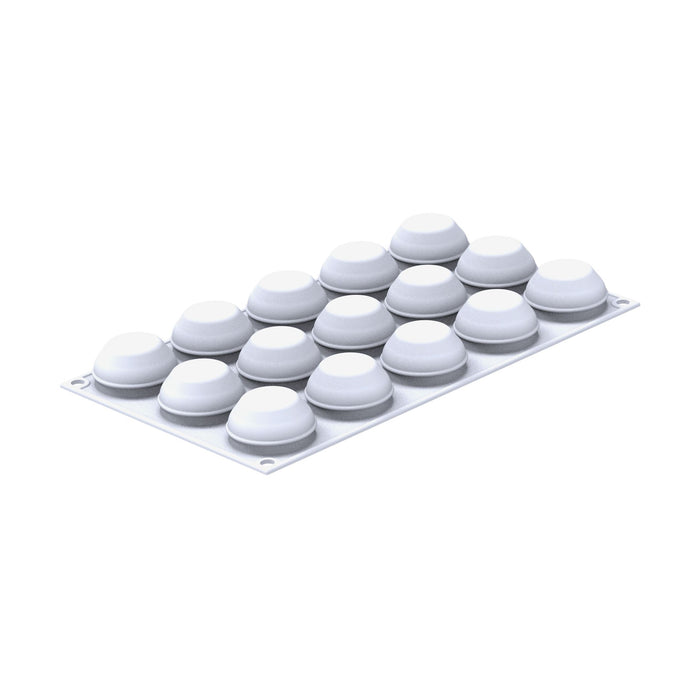 Grid of 15 white spherical cavities on a white background.