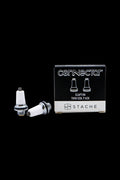 Two cannabis vape coils and a box labeled "Connector Clapton Twin Coil Pack" against a black background.