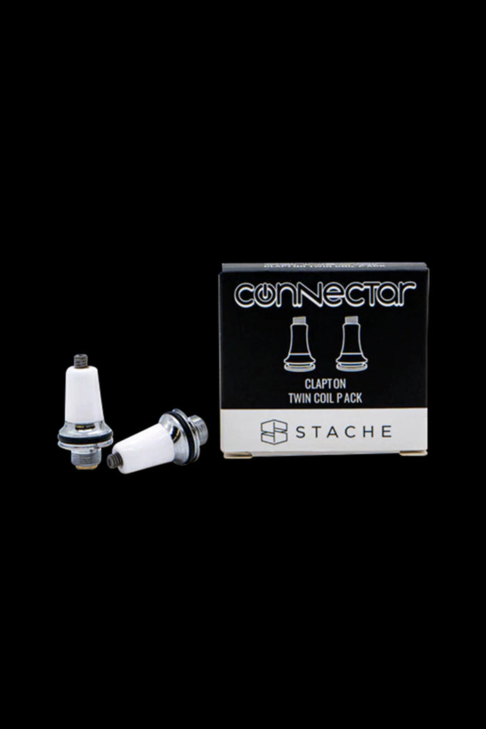 Two cannabis vape coils and a box labeled "Connector Clapton Twin Coil Pack" against a black background.