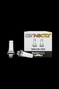 Cannabis vape coil pack with two metal coils and packaging labeled “Connector Twin Coil Pack” by StacheProducts.