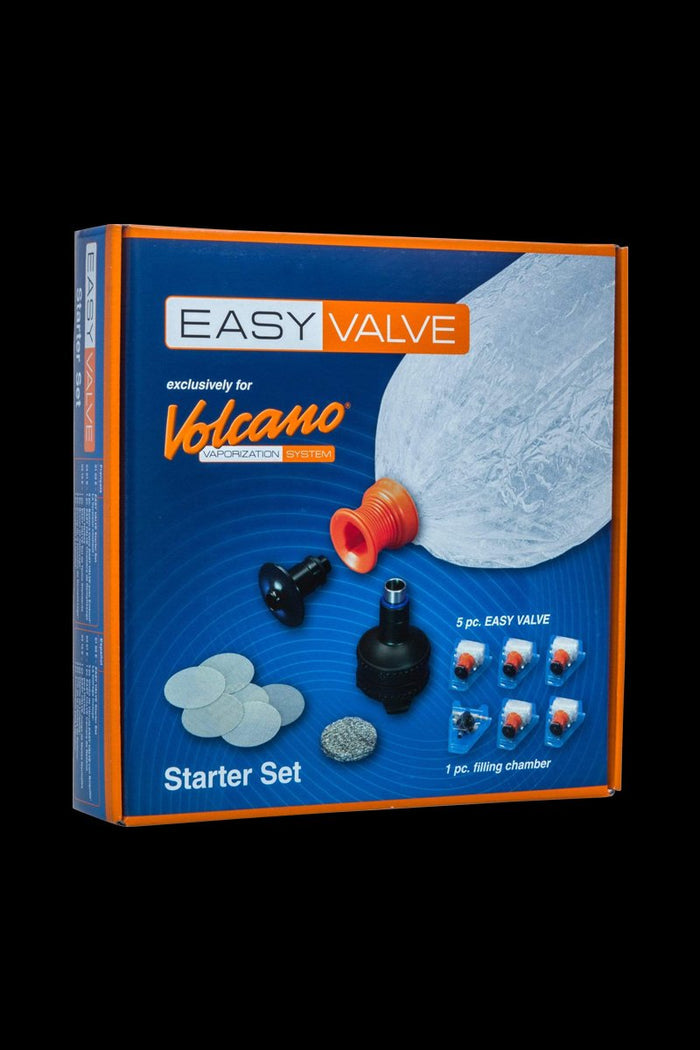 Front view of the Storz & Bickel Volcano Easy Valve Starter Kit packaging, displaying product details against a dark blue background.