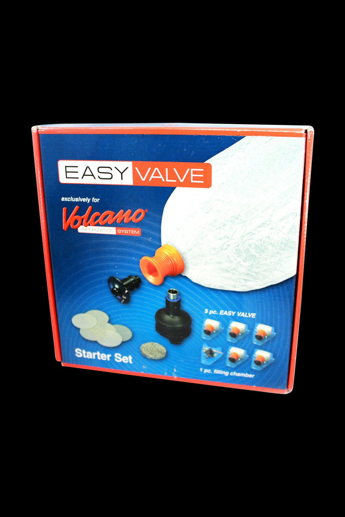 Close-up of the Storz & Bickel Volcano Easy Valve Starter Kit packaging, showcasing its branding and components against a dark background.