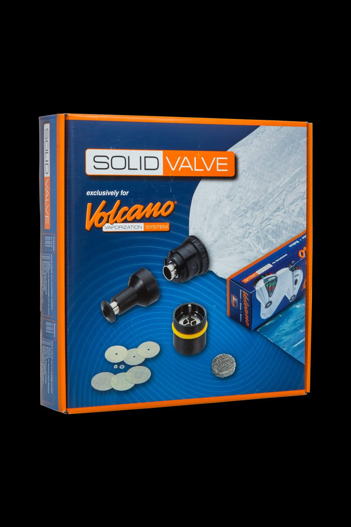 A slightly angled close-up of the Volcano Solid Valve Starter Set with its components arranged on a black background.
