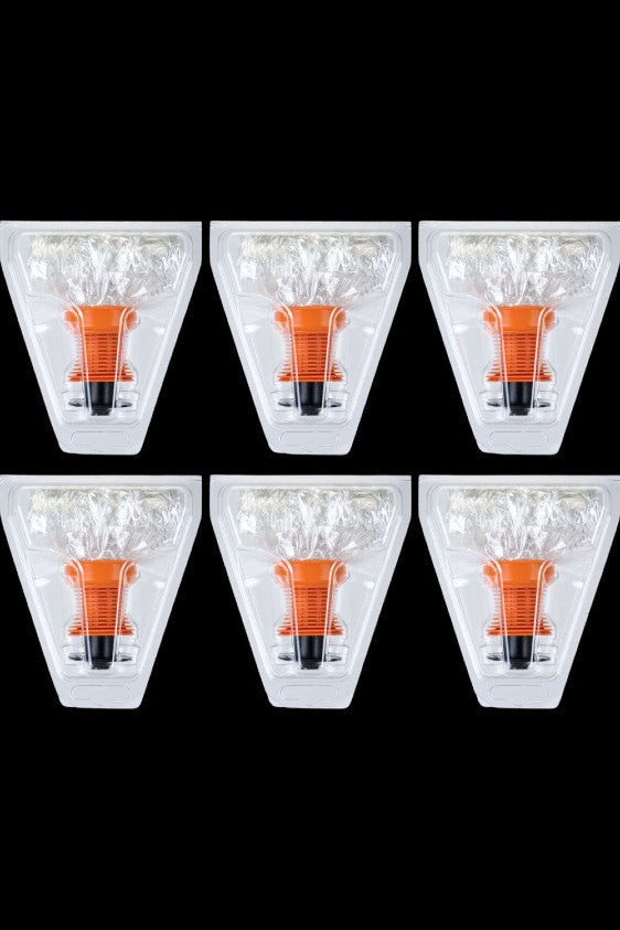 Seven sealed, triangular pouches containing dried cannabis buds with an orange filter tip visible inside.