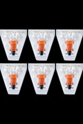 Seven sealed, triangular pouches containing dried cannabis buds with an orange filter tip visible inside.