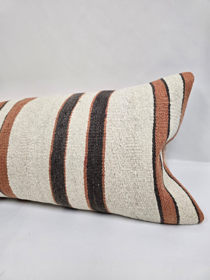 Turkish Lumbar Rug Pillow Cream Brown Cushion Cover Hemp Pillow 14" x 40" #9454