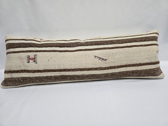 Turkish Lumbar Rug Pillow Cream Brown Cushion Cover Hemp Pillow 14" x 40" #9457