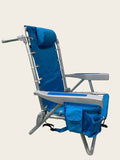 Blue ultimate backpack chair with cooler pouch, adjustable headrest, and lightweight aluminum frame for comfortable beach lounging