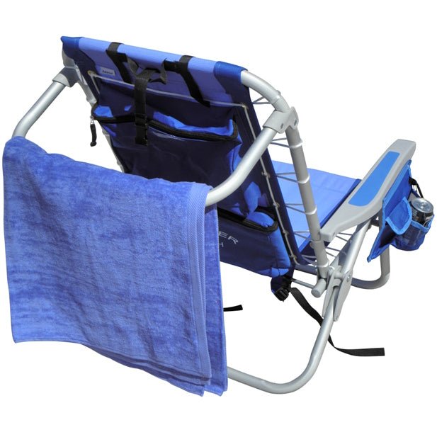 Blue Ultimate Backpack Chair with cooler pouch, towel bar, and aluminum frame for beach lounging