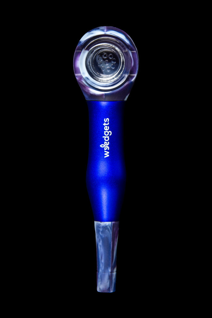 Blue glass pipe with marbled purple accents, branded with "wsedgets."