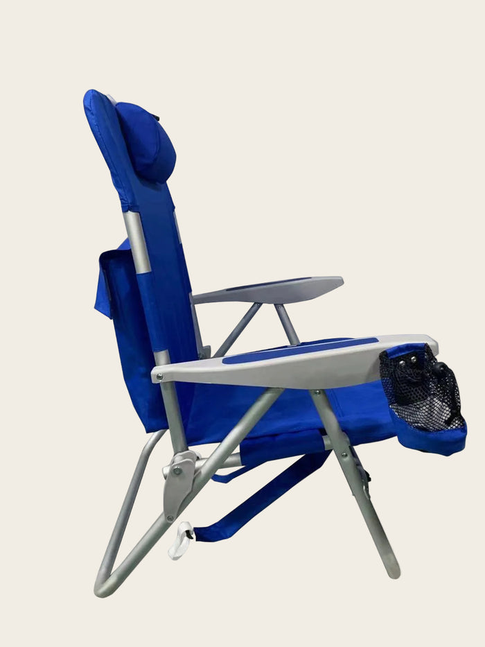 XL 'Big Guy' Aluminium Backpack Chair in royal blue with cooler and cup holder, extra wide seat and recline positions for beach use
