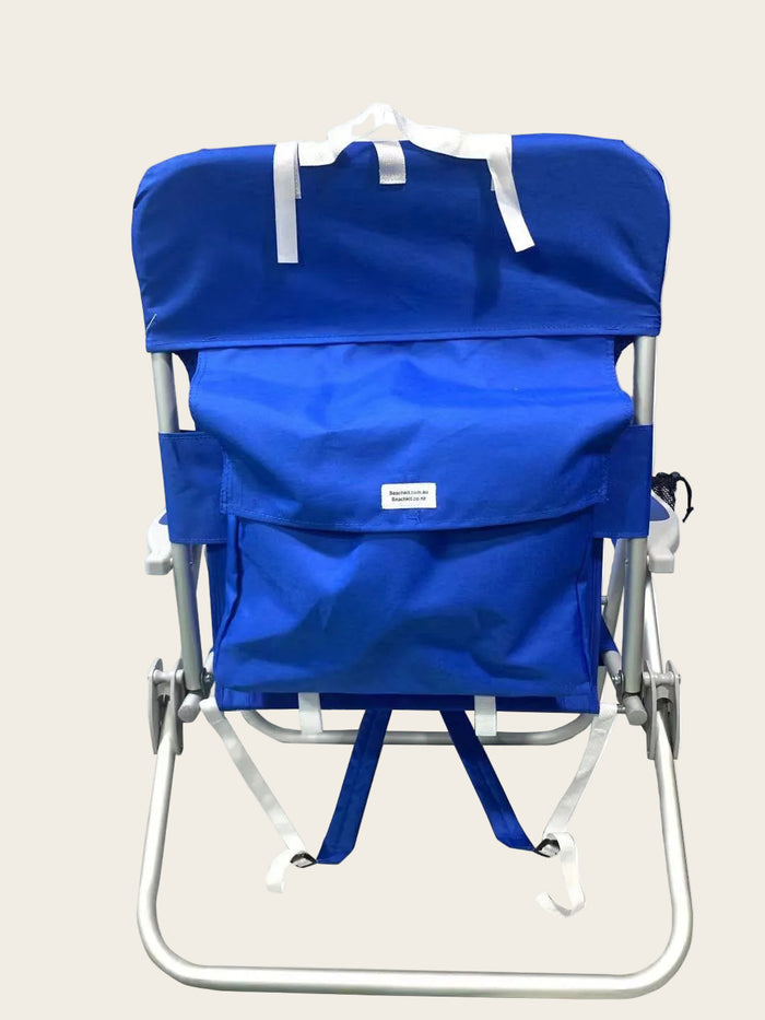 XL 'Big Guy' Aluminium Backpack Chair in royal blue with built-in cooler and cup holder, wide seat and durable aluminium frame for beach use